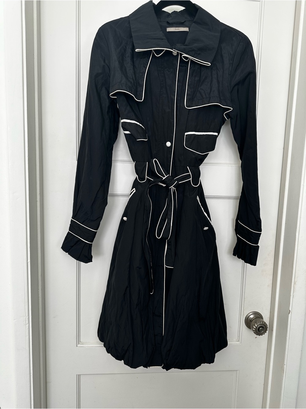 Zapa Black Trench Coat  with White Piping